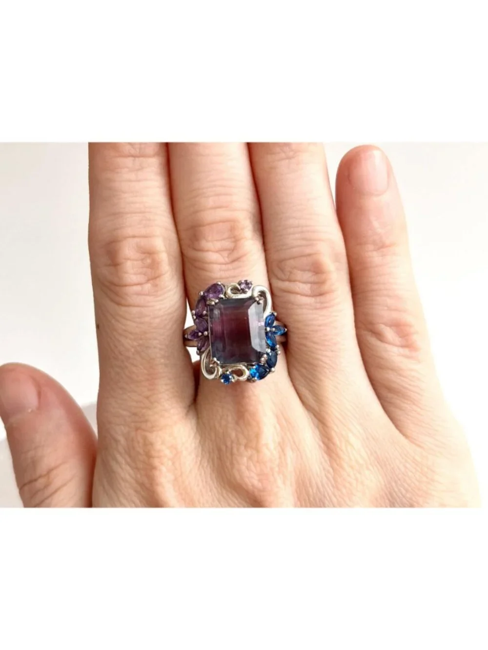 Art Nouveau Inspired Amethyst & Blue Topaz Sterling Silver 925 Vintage Ring sz 8
